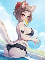 Rule 34 | 1girl, absurdres, animal ear fluff, animal ears, ass, ball, bikini, black bikini, blue sky, bow, breasts, brown hair, cloud, day, frilled bikini, frills, furry, furry female, glasses, green eyes, hair bow, heterochromia, highres, holding, holding ball, large breasts, looking at viewer, original, outdoors, partially submerged, pool, red bow, red eyes, round eyewear, short hair, sky, solo, swimsuit, tail, water, whooo-ya