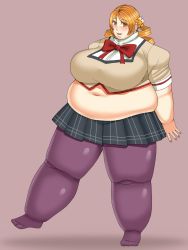 Rule 34 | 10s, 1girl, belly, blonde hair, blush, breasts, cleavage, drill hair, fat, highres, huge breasts, looking at viewer, mahou shoujo madoka magica, navel, sakumatyann, solo, standing, thick thighs, thighs, tomoe mami, twin drills, yellow eyes