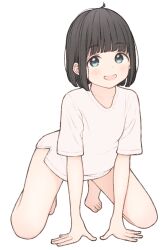 Rule 34 | 1girl, 1ssakawaguchi, :d, absurdres, ahoge, arm support, bare legs, barefoot, black hair, blue eyes, blunt bangs, blunt ends, blush, bob cut, collarbone, commentary request, dot nose, full body, hands on ground, highres, ichika (1ssakawaguchi), kneeling, leaning forward, looking at viewer, no pants, open mouth, original, shirt, short hair, short sleeves, simple background, smile, solo, spread legs, straight hair, t-shirt, tareme, tiptoes, toes, white background, white shirt
