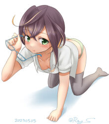 Rule 34 | 1girl, all fours, blue-framed eyewear, breasts, brown hair, collarbone, downblouse, unworn eyewear, glasses, green eyes, green panties, grey thighhighs, holding, holding removed eyewear, kantai collection, looking at viewer, multicolored hair, no pants, okinami (kancolle), okinami kai ni (kancolle), one-hour drawing challenge, open clothes, open shirt, panties, purple hair, ray.s, short hair, simple background, small breasts, solo, thighhighs, underwear, white background