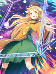 Rule 34 | 1girl, aura, black footwear, black hat, blonde hair, boots, commentary request, door, dress, eyebrows, green dress, hat, highres, liya, long hair, long sleeves, looking at viewer, matara okina, outstretched arm, solo, standing, tabard, touhou, wide sleeves, yellow eyes