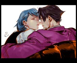 Rule 34 | 1boy, 1girl, ace attorney, back, black border, border, brown hair, couch, dated, earrings, eyeliner, franziska von karma, jacket, jewelry, kotteri, looking at another, makeup, miles edgeworth, on couch, purple jacket, short hair, simple background, upper body, white background