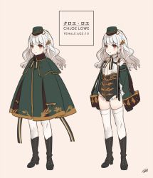 Rule 34 | 1girl, black footwear, black gloves, blush, boots, brown eyes, character name, chloe lowe, cloak, closed mouth, earrings, english text, gloves, hair ornament, hat, jewelry, kippu, long hair, long sleeves, multiple views, original, signature, simple background, standing, thighhighs, white hair, white thighhighs