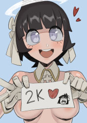 Rule 34 | 1girl, absurdres, azazel (helltaker), bad id, bad pixiv id, black hair, blue background, blue eyes, blunt bangs, blush, cross, de tonation, gloves, hair ribbon, halo, heart, helltaker, highres, holding, holding sign, looking at viewer, milestone celebration, nude, open mouth, ribbon, short hair, sign, simple background, smile, solo, teeth, upper body, upper teeth only, white gloves, white ribbon