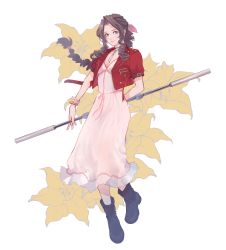 Rule 34 | 1girl, absurdres, aerith gainsborough, arm behind back, bangle, boots, bracelet, braid, braided ponytail, breasts, brown hair, choker, cropped jacket, curly hair, demi co, dress, final fantasy, final fantasy vii, final fantasy vii remake, floral background, flower, flower choker, full body, green eyes, hair ribbon, highres, holding, holding staff, jacket, jewelry, long dress, long hair, looking at viewer, medium breasts, parted bangs, pink dress, pink ribbon, red jacket, ribbon, short sleeves, sidelocks, smile, solo, staff, white background, yellow flower
