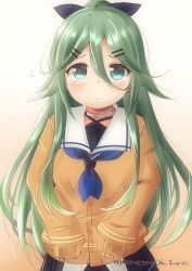 Rule 34 | 1girl, artist name, blue neckerchief, collar, commentary request, gradient background, green eyes, green hair, hair between eyes, kantai collection, long hair, long sleeves, looking at viewer, mae (maesanpicture), neckerchief, parted bangs, sailor collar, sidelocks, simple background, sleeves past fingers, sleeves past wrists, solo, sweater, white background, yamakaze (kancolle), yellow sweater