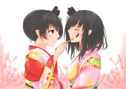 Rule 34 | 10s, 2girls, alternate costume, black hair, blush, braid, crown braid, closed eyes, drawing on another&#039;s face, floral print, fusou (kancolle), hair ornament, highres, japanese clothes, kantai collection, karuba (therace), kimono, multiple girls, red eyes, short hair, yamashiro (kancolle)