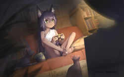 Rule 34 | 1girl, :&lt;, animal ear fluff, animal ears, barefoot, between legs, black hair, bookshelf, bottomless, cat, cat ears, cat girl, cat tail, controller, convenient censoring, couch, dark skin, fang, feet, green eyes, indoors, legs, crossed legs, long hair, messy hair, observerz, off shoulder, original, playing games, shirt, sitting, soles, tail, tail between legs, tail censor, television, thighs, toes, white shirt