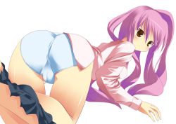 Rule 34 | 1girl, all fours, amaa (chou dennou jidai), ass, blouse, blue panties, blue skirt, blush, cameltoe, character request, clothes pull, copyright request, hinoeya kiuri, long sleeves, looking back, original, panties, pink eyes, pink hair, pink shirt, shiny skin, shirt, simple background, skirt, skirt pull, solo, underwear, white background