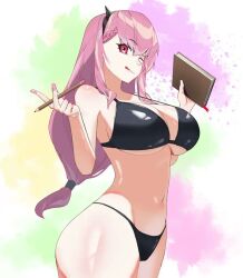 ayla_(pgr) bikini black_bikini book braid braided_bangs breasts hair_between_eyes holding holding_book holding_pencil large_breasts long_hair mafrn3_(g03s) navel one_eye_closed pencil pink_hair punishing:_gray_raven red_eyes sidelocks swimsuit