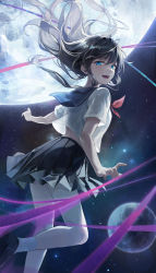 Rule 34 | 1girl, absurdres, black footwear, black hair, black skirt, blue eyes, commentary, earth (planet), ekina (1217), english commentary, from side, highres, long hair, looking at viewer, looking to the side, moon, neckerchief, open mouth, original, planet, pleated skirt, red neckerchief, sailor collar, school uniform, serafuku, shirt, shoes, short sleeves, skirt, socks, solo, space, white shirt, white socks
