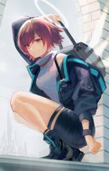 Rule 34 | 1girl, arknights, arm up, bag, black bag, black jacket, black shorts, breasts, detached wings, energy wings, exusiai (arknights), exusiai (midnight delivery) (arknights), full body, halo, highres, holding, holding bag, jacket, long sleeves, looking at viewer, nnicoinu, off shoulder, open clothes, open jacket, red hair, shirt, short hair, shorts, small breasts, smile, solo, squatting, white shirt, wings, yellow eyes