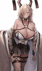 Rule 34 | 1girl, absurdres, asymmetrical bangs, azur lane, bare shoulders, black gloves, black skirt, blonde hair, braid, breasts, brown thighhighs, cleavage, dangle earrings, dark-skinned female, dark skin, earrings, elbow gloves, gloves, grin, hair ornament, hair over one eye, hairclip, highres, horn ornament, horns, huge breasts, japanese clothes, jewelry, kimono, long bangs, long hair, looking at viewer, manus (manuspupa), mole, mole under mouth, off shoulder, one eye covered, open clothes, open kimono, owari (azur lane), pleated skirt, simple background, skirt, smile, solo, standing, thighhighs, twin braids, very long hair, white background, yellow eyes, zettai ryouiki