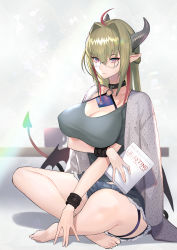 Rule 34 | 1girl, absurdres, barefoot, blonde hair, braid, breasts, cleavage, covered erect nipples, demon tail, demon wings, glasses, highres, hitowa, horns, indian style, long hair, looking at viewer, original, pointy ears, purple eyes, shorts, sitting, solo, tail, wings