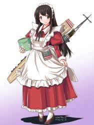 Rule 34 | 1girl, :t, akagi (kancolle), alternate costume, apron, arrow (projectile), bauxite, bucket, dress, enmaided, flight deck, frills, kantai collection, maid, maid apron, maid headdress, mary janes, puffy sleeves, quiver, repair bucket, shoes, solo, tatsumi ray, white legwear