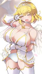 Rule 34 | :3, angel wings, blonde hair, blush, breasts, cleavage, closed eyes, clothes lift, commission, covered erect nipples, deto, dress, feathered wings, from below, garter straps, gloves, highres, jewelry, large breasts, medium hair, messy hair, necklace, open mouth, panties, pantyshot, pearl necklace, ryouna (senran kagura), senran kagura, skeb commission, skirt, skirt lift, smile, thighhighs, tiara, underwear, v, white background, white dress, white gloves, wings
