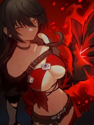 Rule 34 | 1girl, absurdres, bare shoulders, black hair, black jacket, black shorts, breasts, brown eyes, claws, cleavage, collar, commission, cross-laced clothes, distr, highres, jacket, large breasts, long hair, looking to the side, navel, red background, red shirt, revealing clothes, shirt, shorts, solo, tales of (series), tales of berseria, velvet crowe