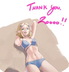 Rule 34 | 1girl, bikini, blonde hair, blue eyes, blush, breasts, cleavage, highres, looking at viewer, medium breasts, navel, nintendo, open mouth, pointy ears, pomelomelon, princess zelda, short hair, smile, solo, swimsuit, the legend of zelda, the legend of zelda: tears of the kingdom