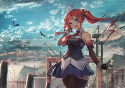 Rule 34 | ahoge, azur lane, bird, blue eyes, blurry, blurry background, cloud, day, detached sleeves, hair ornament, hairclip, highres, looking at viewer, necktie, open mouth, red hair, remodel (azur lane), san diego (azur lane), sky, sleeveless, solo, thighhighs, twintails, twitter username, yu ni t