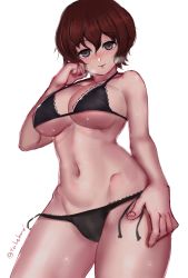 Rule 34 | 1girl, absurdres, akaboshi koume, bad id, bad pixiv id, black bra, black panties, blue eyes, blush, bra, breasts, breath, brown hair, cameltoe, commentary, cowboy shot, girls und panzer, groin, hand on own face, hand on own thigh, highres, hip bones, lace, lace-trimmed bra, lace-trimmed panties, lace trim, large breasts, looking at viewer, navel, panties, parted lips, see-through, short hair, side-tie panties, simple background, smile, solo, standing, string bra, string panties, sweat, takefu jiin, thighs, twitter username, underwear, wavy hair, white background