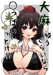Rule 34 | 1girl, absurdres, bikini, black bikini, breasts, brown hair, check translation, flashing, hands on own breasts, hat, highres, hira-san, large breasts, looking at viewer, open clothes, presenting, red eyes, sexually suggestive, shameimaru aya, shirt, simple background, solo, speech bubble, swimsuit, tokin hat, touhou, translation request, white background, white shirt