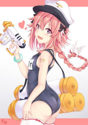 Rule 34 | 1boy, astolfo (fate), astolfo (femboy idol) (fate), bad anatomy, bandaid, braid, chrisandita, fang, fate/grand order, fate (series), highres, male focus, official alternate costume, one-piece swimsuit, open mouth, smodzz998, solo, swimsuit, thighhighs, trap, water gun