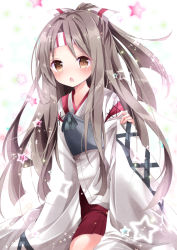 Rule 34 | 10s, 1girl, armor, breastplate, brown eyes, commentary request, hair ribbon, kantai collection, long hair, long sleeves, looking at viewer, nanase nao, open mouth, ribbon, shirt, silver hair, simple background, skirt, solo, star (symbol), very long hair, wide sleeves, zuihou (kancolle)