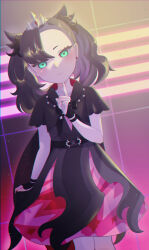 Rule 34 | 1girl, absurdres, aburi gure, asymmetrical bangs, belt, black belt, black dress, black hair, closed mouth, commentary request, creatures (company), dress, earrings, eyelashes, game freak, green eyes, hand up, highres, index finger raised, jewelry, looking at viewer, marnie (champion) (pokemon), marnie (pokemon), neon lights, nintendo, official alternate costume, pokemon, pokemon masters ex, ring, short sleeves, solo, tiara, twintails