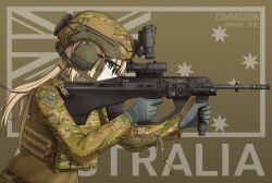 Rule 34 | 1girl, assault rifle, australia, australian army, australian flag, blonde hair, blue eyes, blue gloves, bullpup, camouflage, camouflage jacket, combat helmet, commission, gloves, green jacket, grey background, gun, helmet, highres, jacket, long hair, mikhail n, military uniform, original, rifle, solo, steyr aug, uniform, weapon, woodland camouflage
