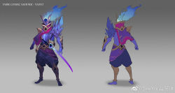 Rule 34 | 1boy, alternate costume, armor, artist name, barefoot, character name, clenched hand, colored skin, from behind, full body, glowing, glowing eyes, gradient background, grey background, helmet, horns, katana, league of legends, long hair, male focus, multiple views, pants, purple eyes, purple pants, purple skin, see you, shoulder armor, standing, sword, weapon, yasuo (league of legends)