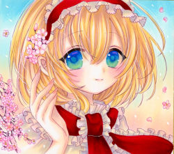 Rule 34 | 1girl, alice margatroid, blonde hair, blue background, blue eyes, blush, branch, capelet, cherry blossoms, closed mouth, commentary request, eyelashes, eyes visible through hair, fingernails, flower, frills, green eyes, hair between eyes, hair flower, hair ornament, hairband, hand up, highres, long fingernails, looking to the side, marker (medium), multicolored background, multicolored eyes, nail polish, necktie, petals, pink flower, pink nails, red hairband, red necktie, short hair, short sleeves, smile, solo, touhou, traditional media, upper body, white capelet, yellow background, yuuki hana (jtnp5334)