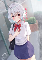 Rule 34 | 1girl, bag, black skirt, blush, bow, bowtie, breasts, collared shirt, cowboy shot, grey hair, highres, kishin sagume, large breasts, looking at viewer, niko kusa, parted lips, pleated skirt, rain, red bow, red bowtie, red eyes, school bag, shirt, short hair, short sleeves, signature, skirt, solo, touhou, translation request, white shirt