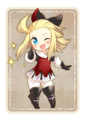 Rule 34 | &gt;;d, 1girl, 5pb., ;d, armor, armored dress, blonde hair, blue eyes, blush, boots, bow, bravely default: flying fairy, bravely default (series), chibi, edea lee, gloves, hair bow, kito (sorahate), looking at viewer, one eye closed, open mouth, pantyhose, ribbon, smile, solo, sparkle, standing, thumbs up, v-shaped eyebrows, wide hips, wink
