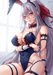 Rule 34 | 1girl, animal ears, arm under breasts, bare shoulders, black hairband, blue leotard, breasts, cleavage, closed mouth, collarbone, commentary request, covered navel, fake animal ears, grey hair, hair between eyes, hair ornament, hairband, highleg, highleg leotard, highres, kneeling, large breasts, leotard, lips, long hair, looking at viewer, original, playboy bunny, ponytail, rabbit ears, red eyes, sakiyamama, signature, smile, solo, thigh strap, thighs, very long hair