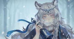 Rule 34 | 1girl, animal ear fluff, animal ears, arknights, bell, braid, cape, capelet, closed mouth, hakuyo 99, highres, holding, jewelry, long hair, looking at viewer, necklace, pramanix (arknights), grey eyes, silver hair, solo, turtleneck