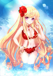 Rule 34 | 1girl, bad id, bad pixiv id, bikini, blonde hair, breasts, cinia pacifica, cleavage, drill hair, earrings, flower, frilled bikini, frills, hair flower, hair ornament, hand on own hip, jewelry, large breasts, lens flare, lips, long hair, looking at viewer, lots of jewelry, navel, necklace, original, pendant, purple eyes, red bikini, red flower, red rose, rose, smile, solo, swimsuit, sword girls, thigh gap, very long hair, wading, water, wet, yomi (6549161), yomi (yomimimimi)