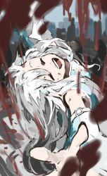 Rule 34 | 1girl, :d, ^ ^, bad id, bad pixiv id, blood, blood on face, blood splatter, closed eyes, detached sleeves, closed eyes, laughing, long hair, open mouth, original, outstretched arms, shiguma (sigmasmail), sigmasmail, smile, white hair
