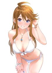 Rule 34 | 1girl, absurdres, ahoge, asymmetrical bangs, b1ack illust, bikini, blue eyes, blue nails, blush, bracelet, breasts, brown hair, cowboy shot, dot nose, earrings, eyelashes, front-tie bikini top, front-tie top, hair between eyes, hair over shoulder, hand on own ear, hand on own thigh, highres, idolmaster, idolmaster million live!, idolmaster million live! theater days, jewelry, large breasts, leaning forward, long hair, looking at viewer, nail polish, navel, necklace, o-ring, o-ring bikini, side-tie bikini bottom, sidelocks, simple background, solo, straight hair, swept bangs, swimsuit, tokoro megumi, white background, white bikini