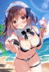 Rule 34 | 1girl, absurdres, bare shoulders, bikini, black bikini, black bow, black sleeves, blue sky, blush, bow, breasts, brown eyes, brown hair, chestnut mouth, cleavage, cloud, commentary request, day, detached sleeves, food, heart, highres, holding, holding food, holding spoon, horizon, ice cream, ice cream cone, kokoa-chan (pan (mimi)), leaning forward, lens flare, long hair, looking at viewer, maid headdress, medium breasts, non-web source, ocean, original, outdoors, pan (mimi), parted lips, puffy short sleeves, puffy sleeves, short sleeves, skindentation, sky, solo, spoon, swimsuit, thigh gap, thigh strap, triple scoop, very long hair, water