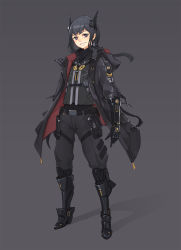 Rule 34 | 1girl, arms at sides, belt, black coat, black eyes, black footwear, black hair, black pants, body armor, coat, commander (girls&#039; frontline), earrings, full body, girls&#039; frontline, grey background, headgear, highres, hood, hood down, hooded coat, jewelry, long hair, looking at viewer, mechanical parts, open clothes, open coat, open mouth, pants, sangvis ferri, sima naoteng, simple background, smile, solo, standing, tagme, thigh strap