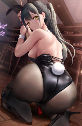 Rule 34 | 1girl, animal ears, ass, back, black footwear, black hair, black leotard, black pantyhose, breasts, ceiling, closed mouth, commentary request, fake animal ears, fake tail, from behind, high heels, highres, indoors, leotard, long hair, looking at viewer, looking back, mhru, nail polish, original, pantyhose, playboy bunny, ponytail, rabbit ears, rabbit tail, red nails, sideboob, solo, stool, tail, wrist cuffs, yellow eyes