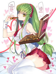 Rule 34 | 1girl, ass, blush, c.c., code geass, creayus, dated, eating, female focus, food, green hair, hard-translated, heart, long hair, looking at viewer, necktie, pizza, shiny skin, sitting, skirt, solo, thighhighs, third-party edit, translated, valentine, yellow eyes