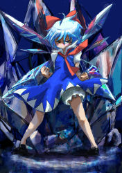 Rule 34 | 1girl, black footwear, bloomers, blue eyes, blue hair, bow, cirno, clenched hand, clenched hands, dress, fighting stance, hair bow, highres, ice, ice wings, matching hair/eyes, nanto seki, necktie, serious, shoes, short hair, solo, tawasiken, touhou, underwear, wings