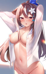 Rule 34 | 1girl, :o, absurdres, arms up, blush, breasts, brown hair, collarbone, commission, dress shirt, flower, hair flower, hair ornament, hair ribbon, highres, indie virtual youtuber, large breasts, lens flare, lilya kyomi (fiwivt), long hair, looking at viewer, milk box (leoleo963852741), multicolored hair, naked shirt, navel, nipples, open clothes, open mouth, open shirt, perky breasts, pixiv commission, ponytail, red eyes, ribbon, shirt, solo, standing, stomach, streaked hair, two-tone hair, virtual youtuber, white hair, white shirt