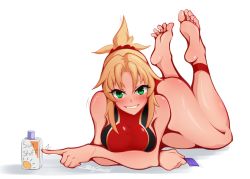 Rule 34 | 1girl, ass, barefoot, blonde hair, blush, fate/grand order, fate (series), feet, green eyes, grin, long hair, looking at viewer, lying, mordred (fate), mordred (fate/apocrypha), on stomach, smile, soles, solo, the pose, toes, white background, zealyush
