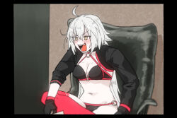 Rule 34 | 1girl, ahoge, bikini, black bikini, black border, black gloves, black jacket, border, breasts, cleavage, commentary request, fate/grand order, fate (series), feet out of frame, figure four sitting, gedougawa, gloves, hair between eyes, jacket, jeanne d&#039;arc alter (fate), jeanne d&#039;arc alter (swimsuit berserker) (fate), long bangs, long hair, manatsu no yo no inmu, medium breasts, o-ring, o-ring bikini, o-ring bottom, o-ring top, open mouth, parody, red thighhighs, shrug (clothing), single thighhigh, sitting, slit pupils, solo, swimsuit, thighhighs, v-shaped eyebrows, very long hair, white hair, yellow eyes