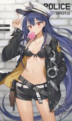 Rule 34 | 1girl, absurdres, belt, bikini, bikini top only, black bikini, black coat, black shorts, blowing bubbles, blue hair, blush, breasts, coat, collarbone, cowboy shot, cuffs, dated, emblem, front-tie bikini top, front-tie top, gompang, groin, gun, halterneck, hand in pocket, handcuffs, handgun, hat, highres, holster, holstered, index finger raised, long hair, long sleeves, looking at viewer, medium breasts, navel, open clothes, open coat, original, peaked cap, red eyes, short shorts, shorts, solo, standing, stomach, swimsuit, thighs, twitter username, very long hair, weapon, white hat