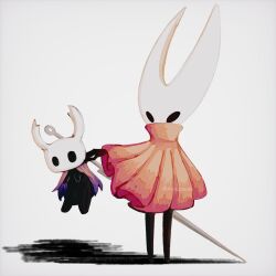 Rule 34 | 1girl, 1other, alicezakat, arm up, arthropod girl, black eyes, black skin, blank eyes, cape, cloak, colored skin, full body, grey background, high collar, highres, hollow knight, hornet (hollow knight), knight (hollow knight), lifting person, needle (hollow knight), outstretched arm, purple cape, red cloak, signature, simple background, size difference, standing, twitter username, weapon, weapon on back