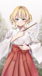 Rule 34 | 1girl, alternate costume, blonde hair, blue eyes, blush, closed mouth, colorado (kancolle), gohei, hakama, highres, holding, holding gohei, japanese clothes, kantai collection, koru pera, long sleeves, looking at viewer, miko, red hakama, short hair, smile, solo, wide sleeves