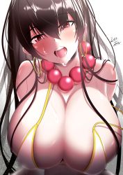 Rule 34 | 1girl, bead necklace, beads, bikini, bikini top only, blush, breasts, brown hair, earrings, fate/grand order, fate (series), hoop earrings, huge breasts, jewelry, leaning forward, lee-taro, looking at viewer, navel, necklace, purple eyes, signature, strap slip, swimsuit, xuangzang sanzang (fate)